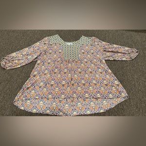 Rose & Olive Top Womens 2X Crew Neck Popover Floral Peasant Lightweight Boho